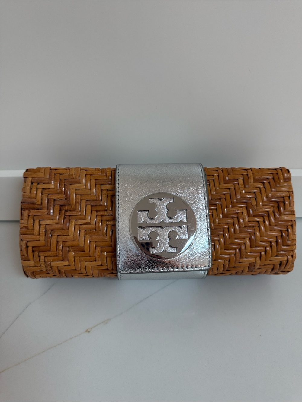 Tory Burch Rattan Woven Straw Clutch with Silver Metallic Accent - Picture 1 of 4